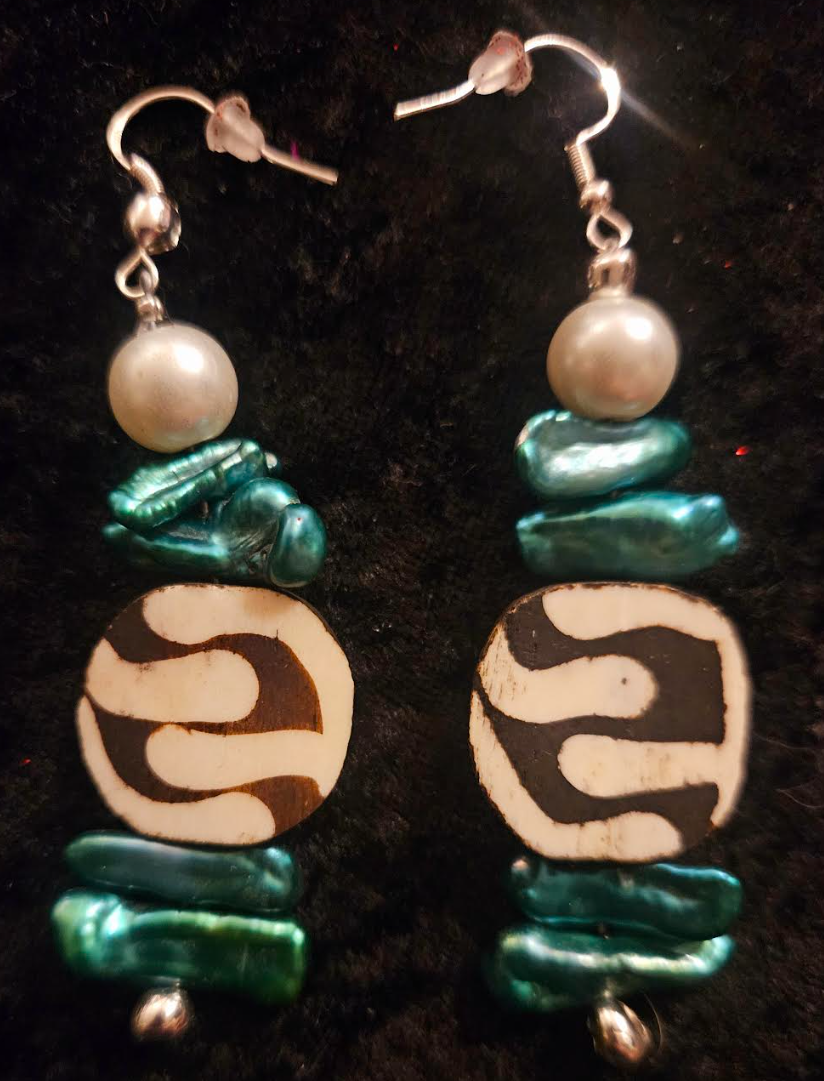 Green Freshwater Pearl & African Batik Bone Dangle Statement Earrings