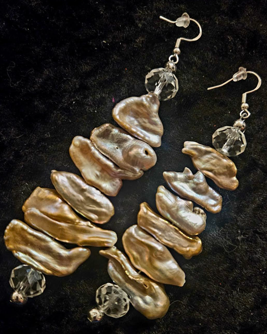 Freshwater Pearl & Faceted Crystal Long Pierced Statement Earrings A