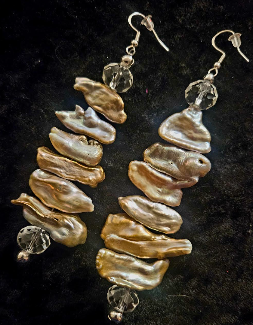 Freshwater Pearl & Faceted Crystal Long Pierced Statement Earrings A