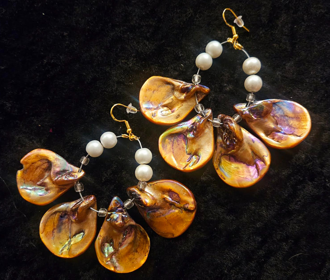 Bronze Abalone & Faux Pearl Hoop Pierced Statement Earrings Ear Cand