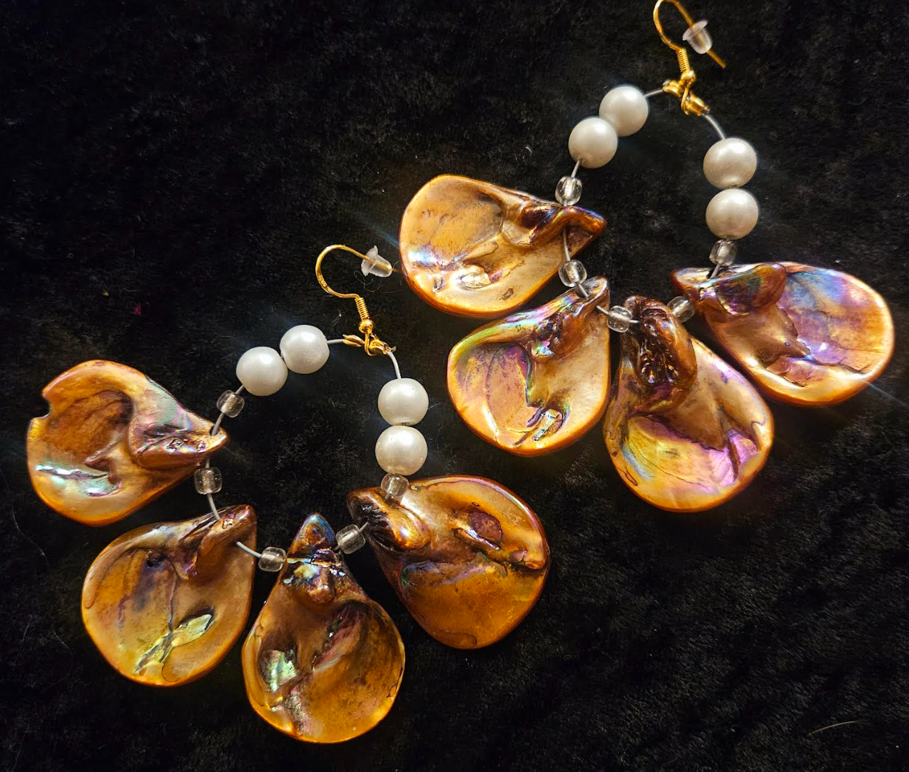 Bronze Abalone & Faux Pearl Hoop Pierced Statement Earrings Ear Cand