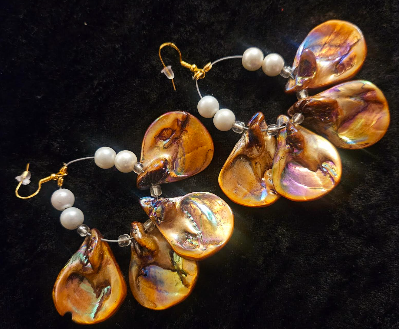 Bronze Abalone & Faux Pearl Hoop Pierced Statement Earrings Ear Cand