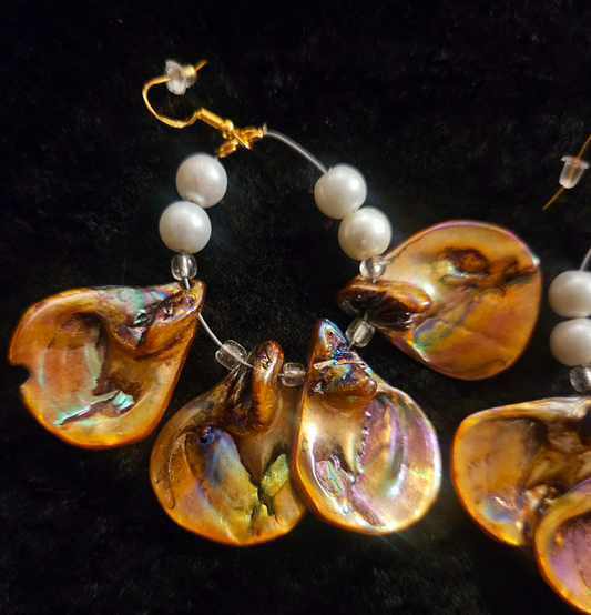 Bronze Abalone & Faux Pearl Hoop Pierced Statement Earrings Ear Cand