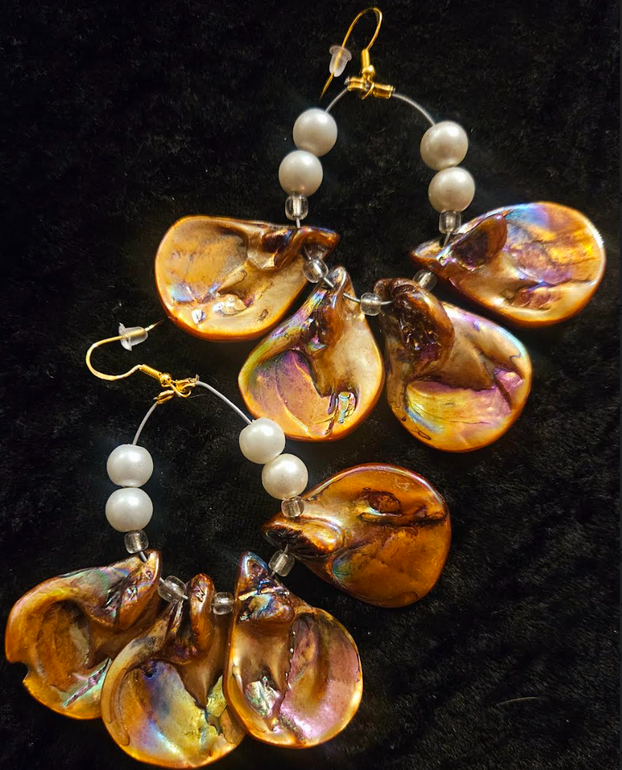 Bronze Abalone & Faux Pearl Hoop Pierced Statement Earrings Ear Cand