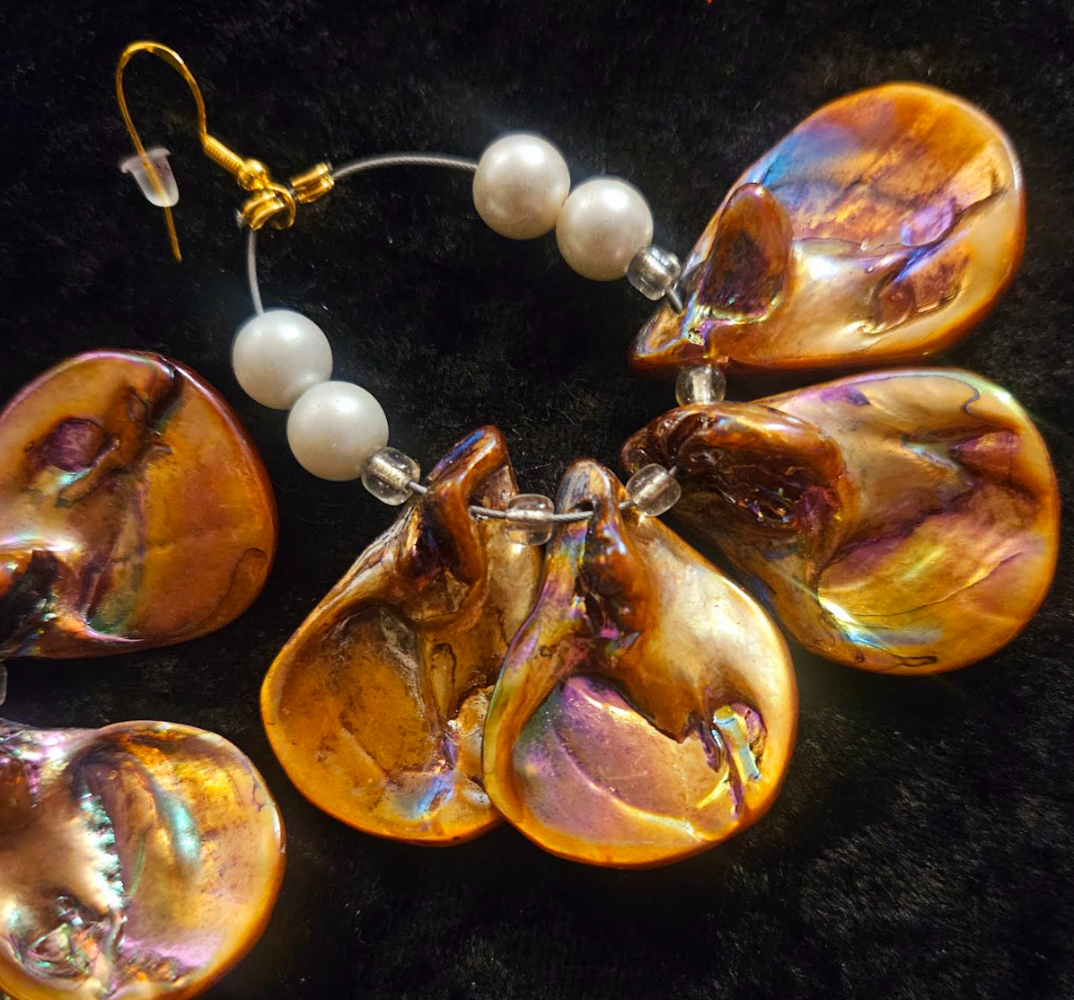 Bronze Abalone & Faux Pearl Hoop Pierced Statement Earrings Ear Cand
