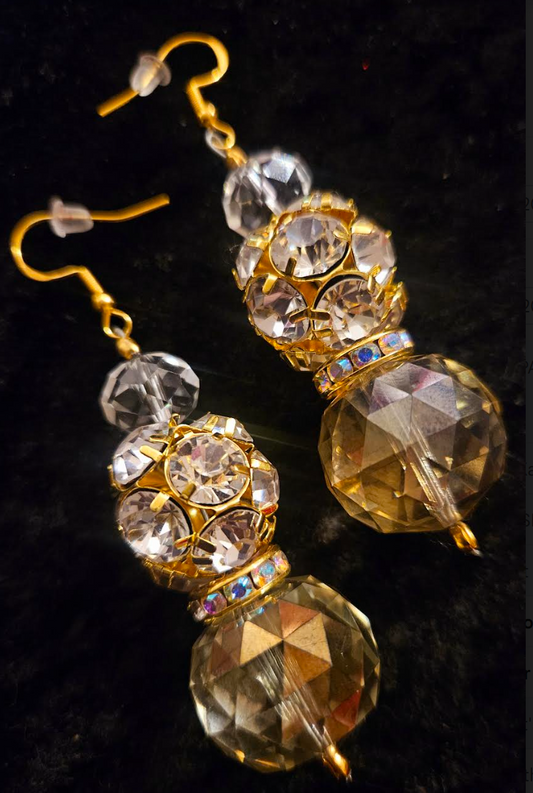 Golden Crystal & Rhinestone Ball Fancy Dangle Pierced Statement Earrin