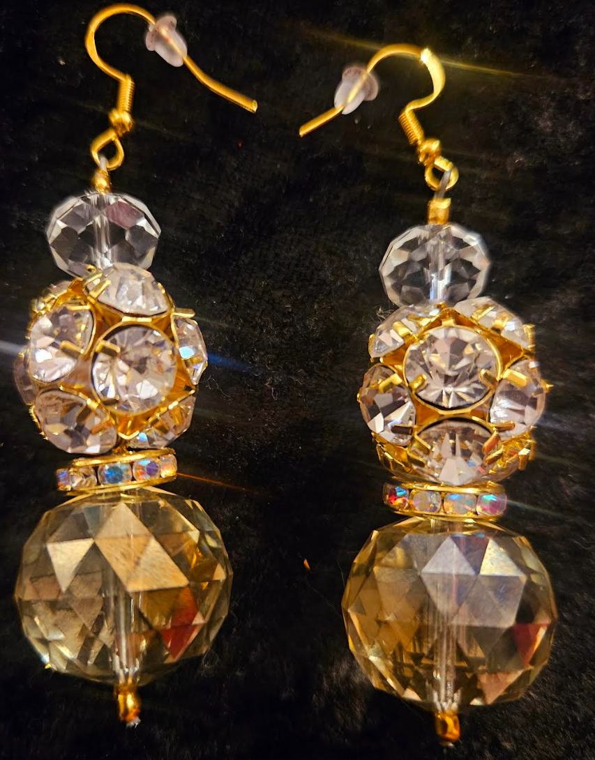 Golden Crystal & Rhinestone Ball Fancy Dangle Pierced Statement Earrin