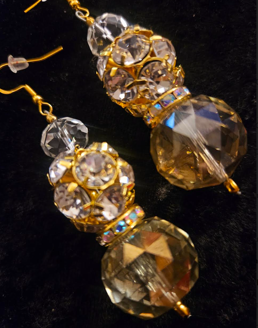 Golden Crystal & Rhinestone Ball Fancy Dangle Pierced Statement Earrin