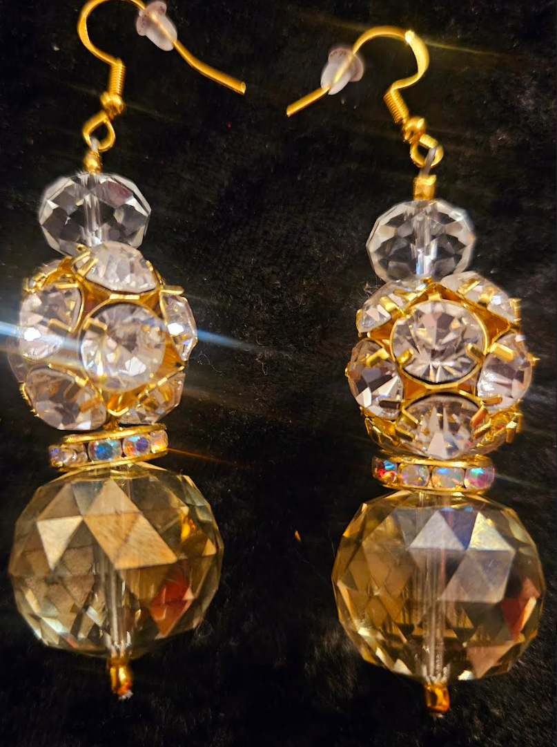 Golden Crystal & Rhinestone Ball Fancy Dangle Pierced Statement Earrin