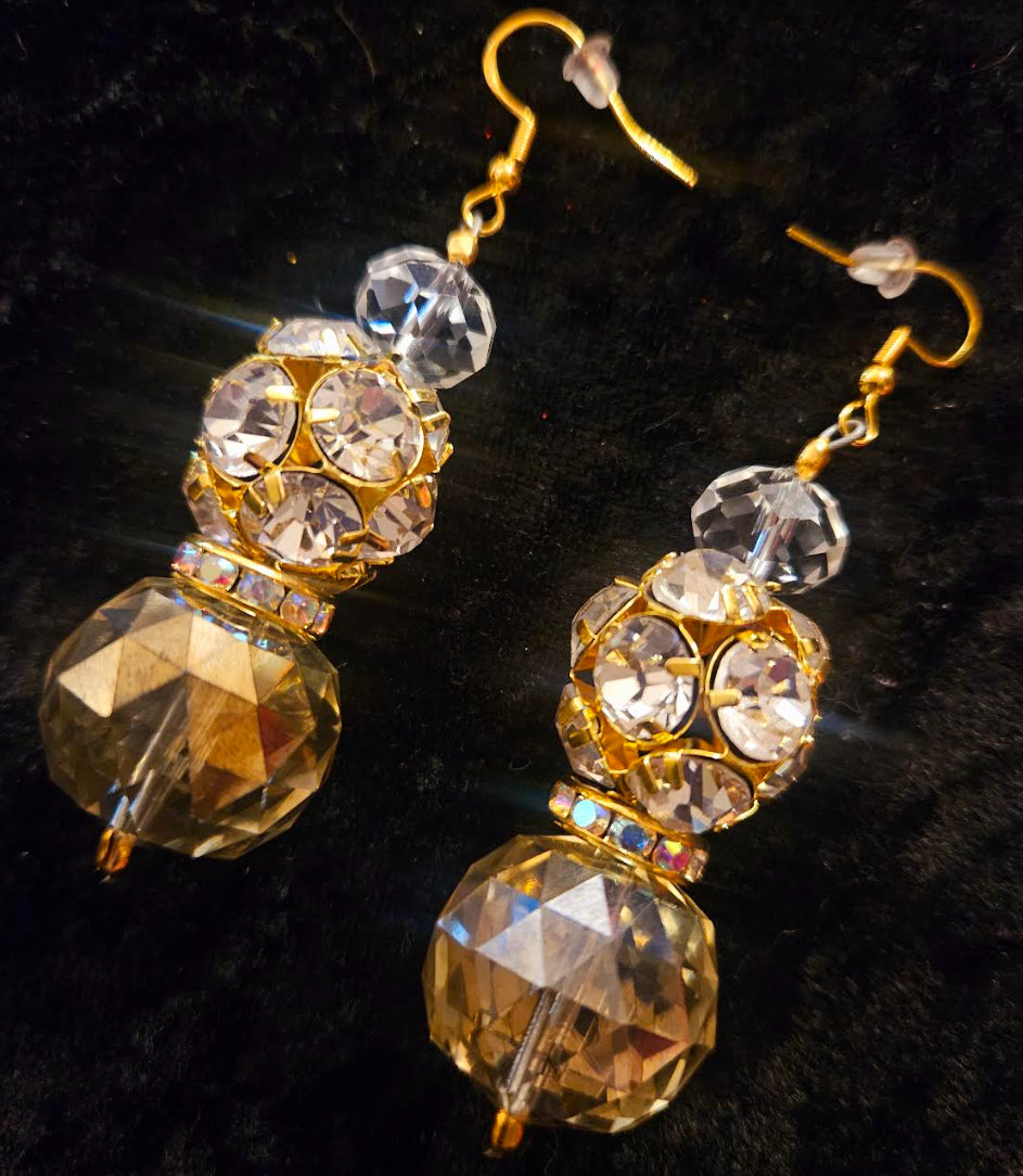 Golden Crystal & Rhinestone Ball Fancy Dangle Pierced Statement Earrin