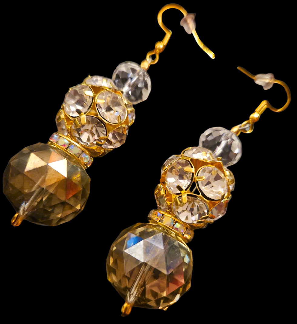 Golden Crystal & Rhinestone Ball Fancy Dangle Pierced Statement Earrin