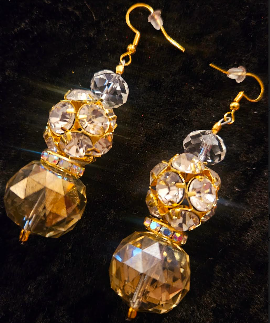 Golden Crystal & Rhinestone Ball Fancy Dangle Pierced Statement Earrin