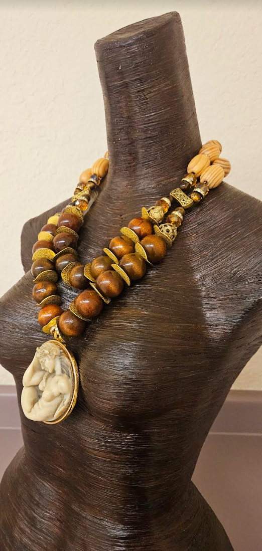 Earth Tone Beaded Art Nouveau Goddess Gemstone Pendant Chest Piece U