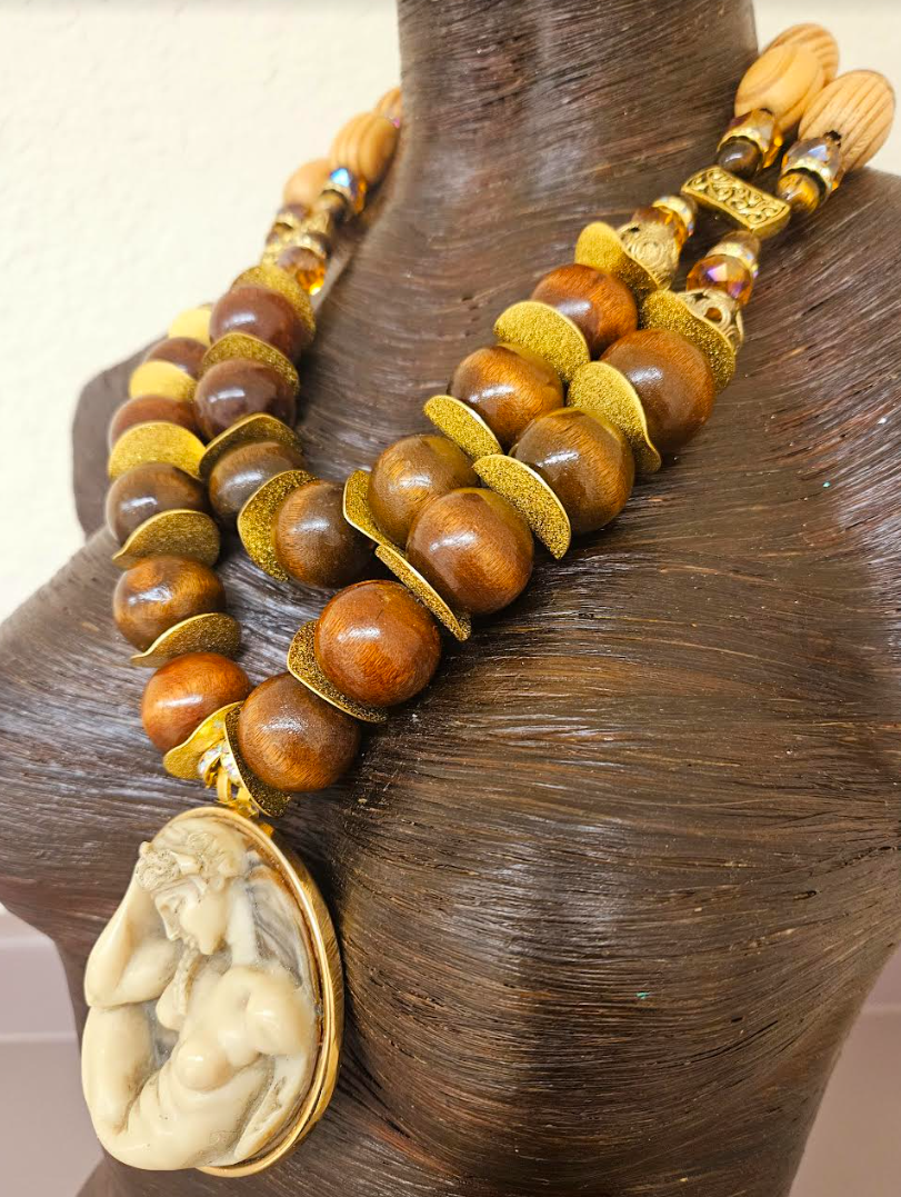 Earth Tone Beaded Art Nouveau Goddess Gemstone Pendant Chest Piece U