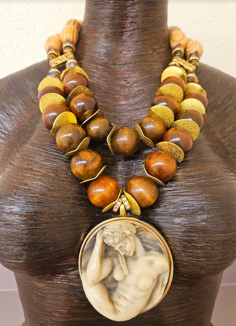 Earth Tone Beaded Art Nouveau Goddess Gemstone Pendant Chest Piece U