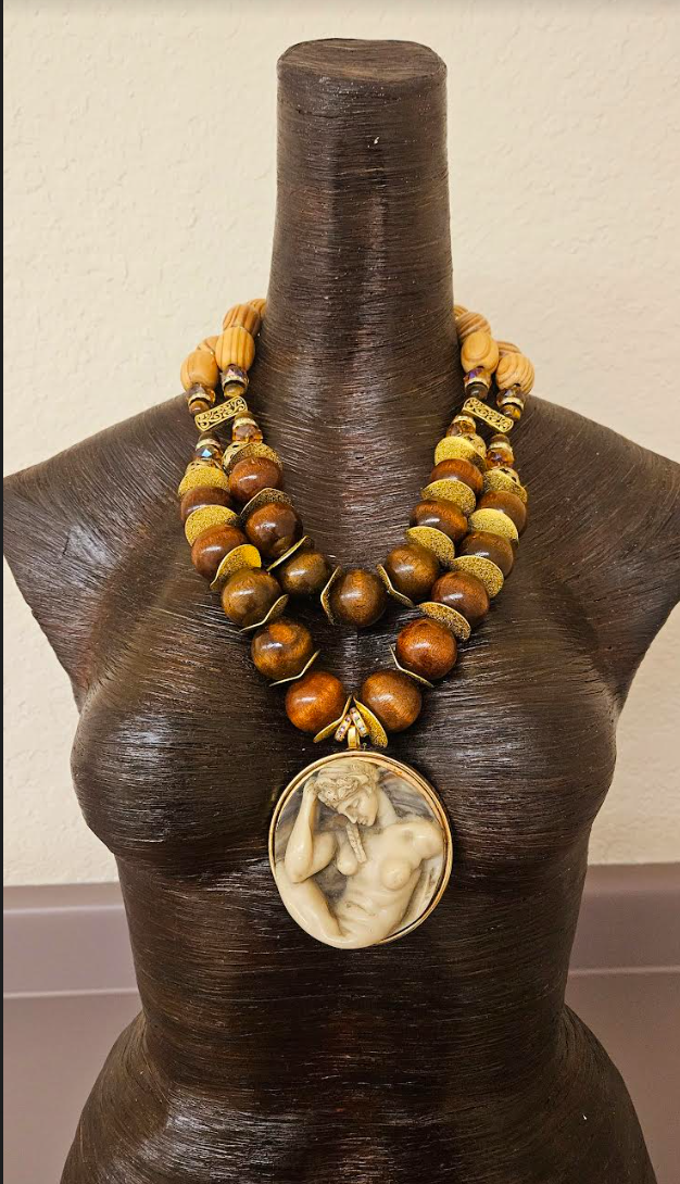Earth Tone Beaded Art Nouveau Goddess Gemstone Pendant Chest Piece U
