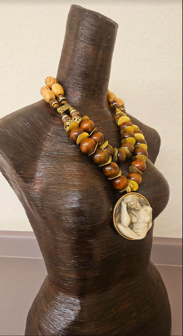 Earth Tone Beaded Art Nouveau Goddess Gemstone Pendant Chest Piece U