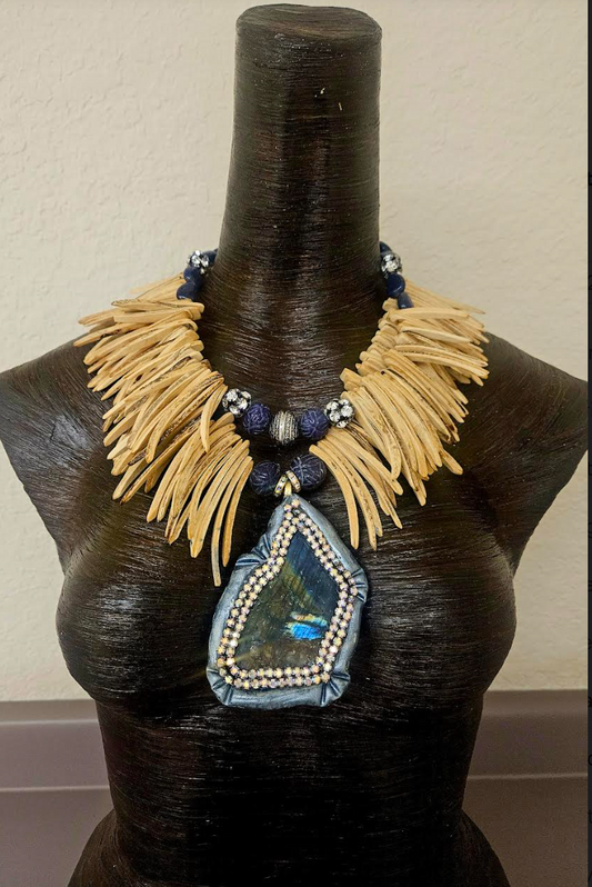 Labradorite Sculpted Slab & Coconut Fringe Chest Piece Exotic Woo