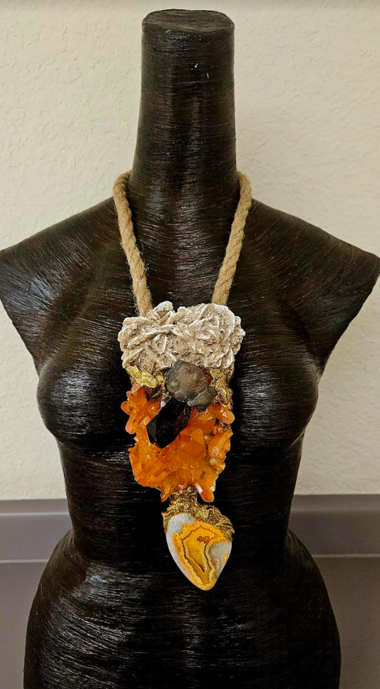 Mixed Gemstone Sculpted Statement Gemstone Pendant with Jute Rope