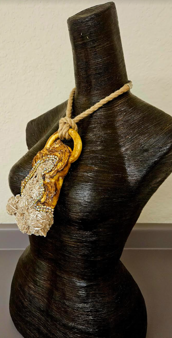 Desert Rose Sculpted Statement Gemstone Pendant with Jute Rope Unise
