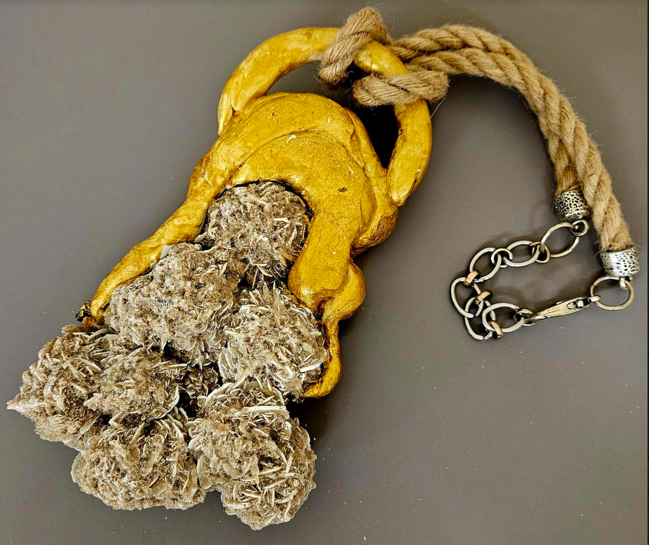 Desert Rose Sculpted Statement Gemstone Pendant with Jute Rope Unise