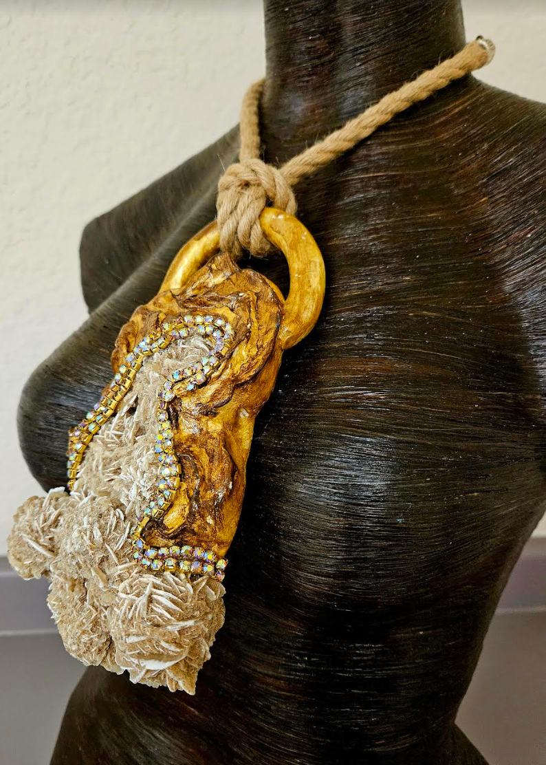 Desert Rose Sculpted Statement Gemstone Pendant with Jute Rope Unise