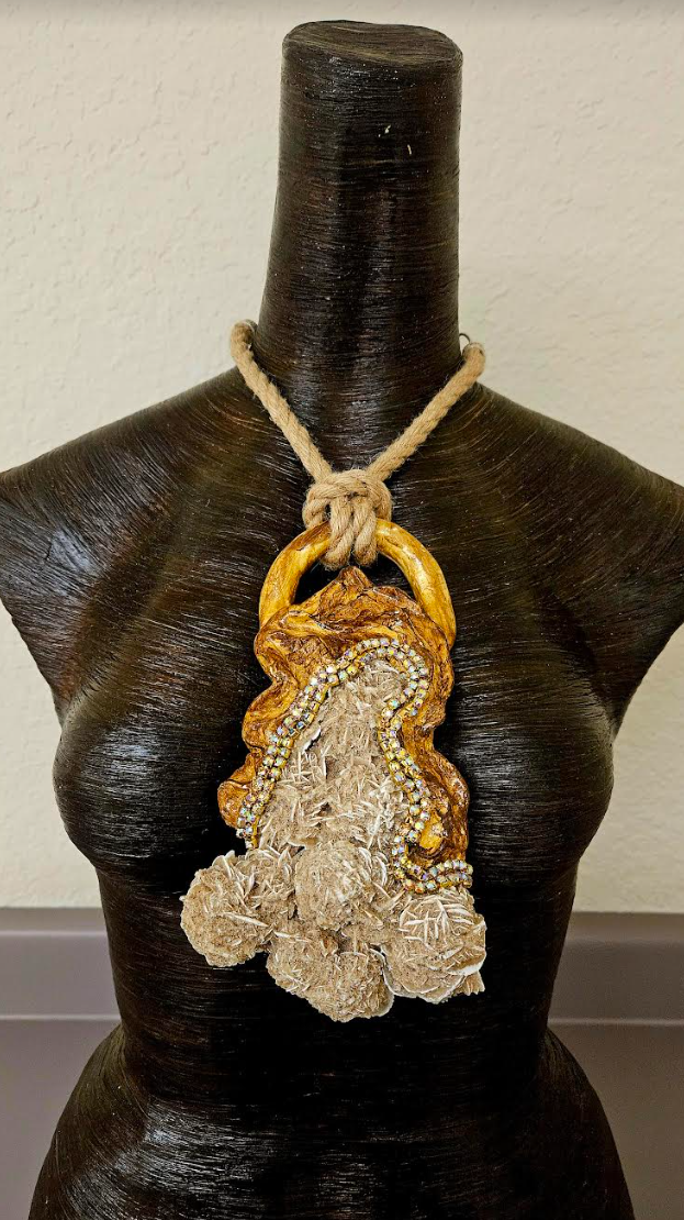 Desert Rose Sculpted Statement Gemstone Pendant with Jute Rope Unise
