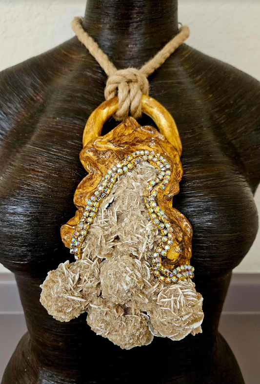 Desert Rose Sculpted Statement Gemstone Pendant with Jute Rope Unise