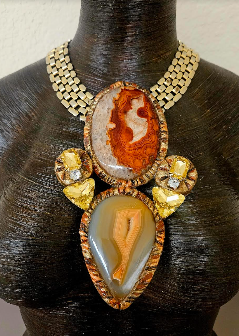 Druzy Agate Sculpted Gemstone Totem Pendant -Rich Autumn Wardrobe