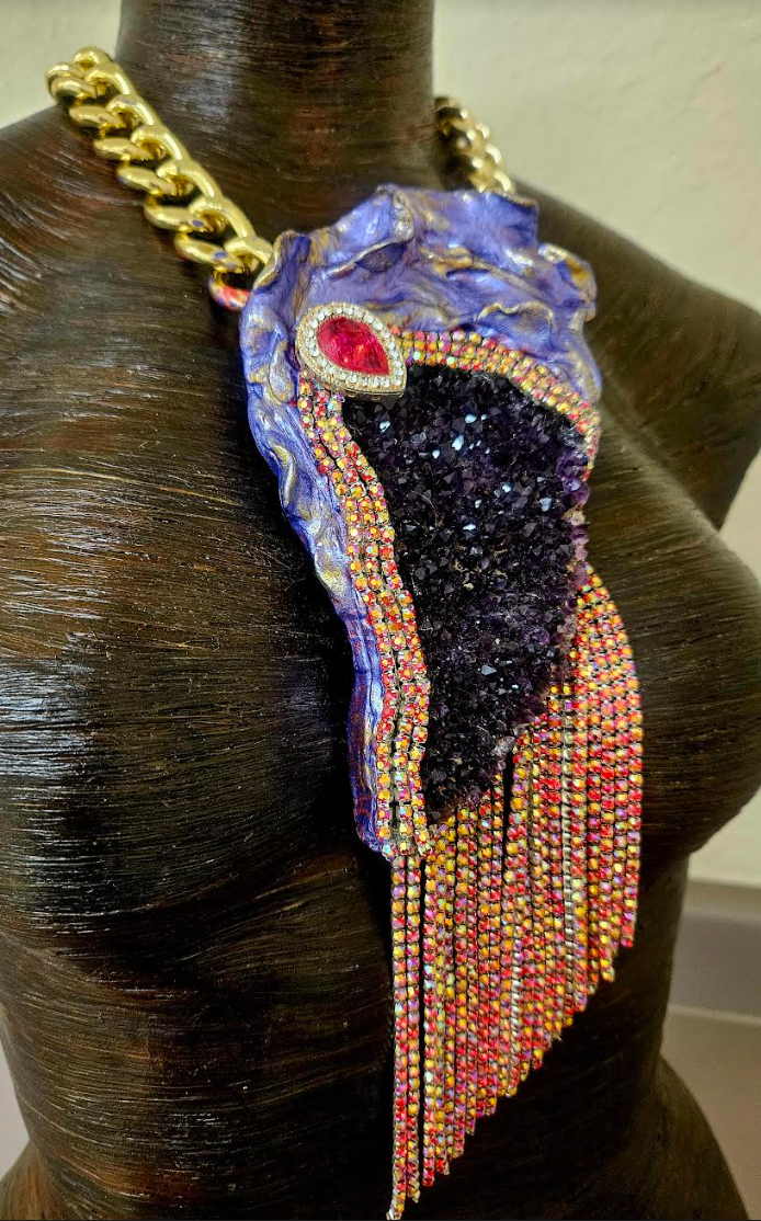 Rough Amethyst Gemstone Pendant & Red Rhinestone Fringe - Gatsby