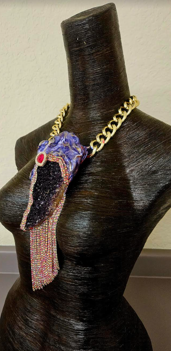 Rough Amethyst Gemstone Pendant & Red Rhinestone Fringe - Gatsby