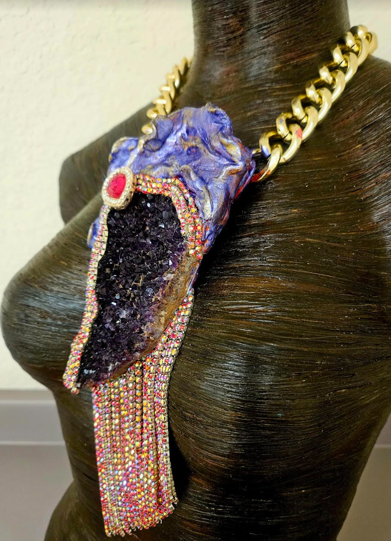 Rough Amethyst Gemstone Pendant & Red Rhinestone Fringe - Gatsby