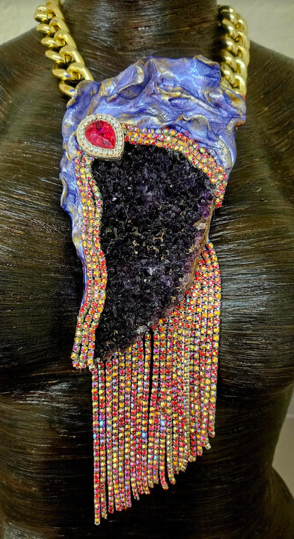 Rough Amethyst Gemstone Pendant & Red Rhinestone Fringe - Gatsby