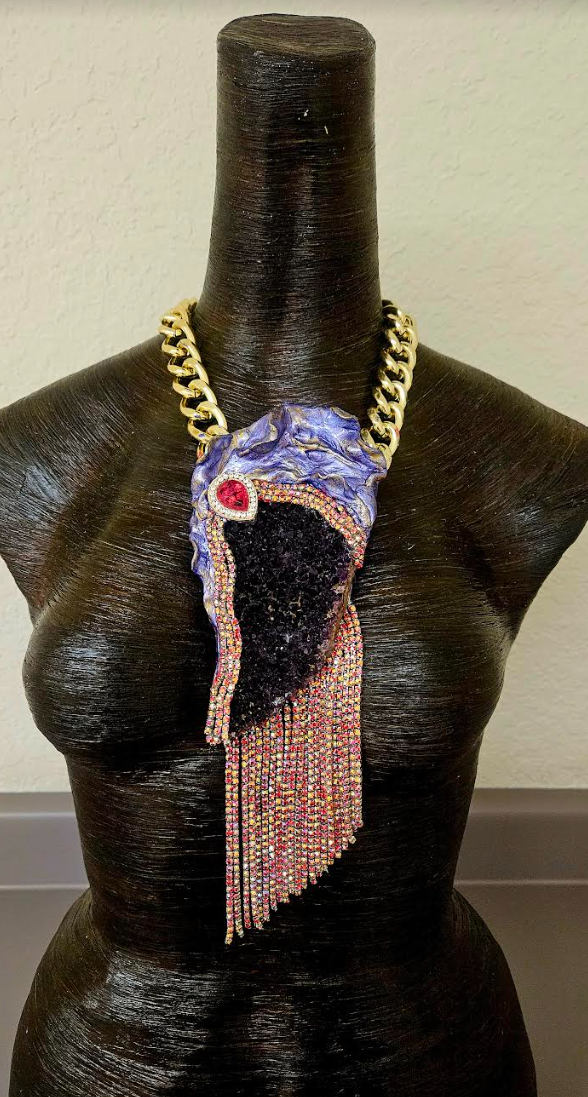 Rough Amethyst Gemstone Pendant & Red Rhinestone Fringe - Gatsby