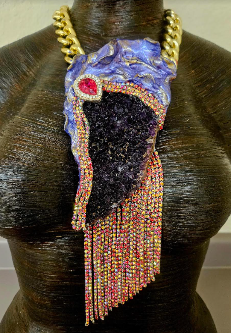 Rough Amethyst Gemstone Pendant & Red Rhinestone Fringe - Gatsby