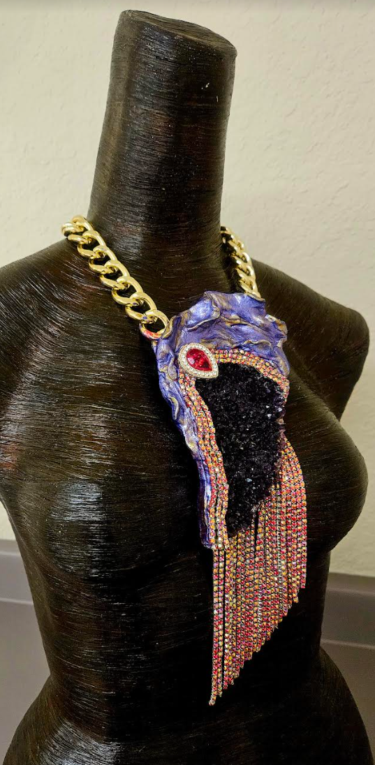 Rough Amethyst Gemstone Pendant & Red Rhinestone Fringe - Gatsby