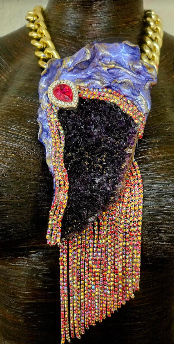 Rough Amethyst Gemstone Pendant & Red Rhinestone Fringe - Gatsby