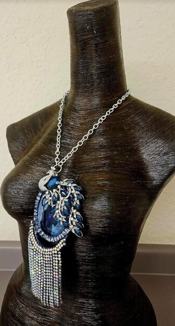 Ornate Rhinestone Peacock & Druzy Agate Statement Gemstone Pendant F