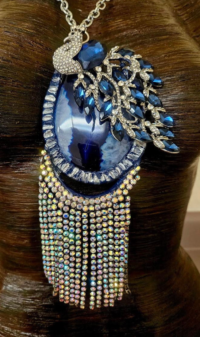 Ornate Rhinestone Peacock & Druzy Agate Statement Gemstone Pendant F
