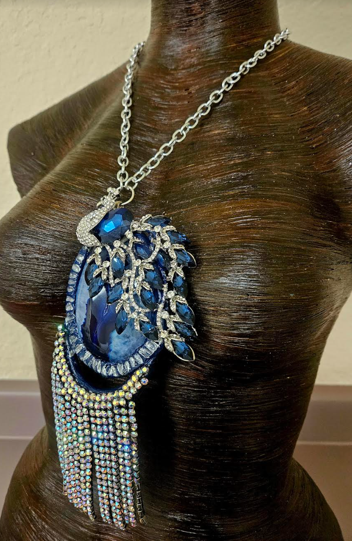 Ornate Rhinestone Peacock & Druzy Agate Statement Gemstone Pendant F