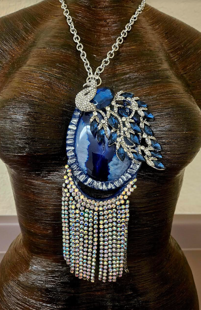 Ornate Rhinestone Peacock & Druzy Agate Statement Gemstone Pendant F