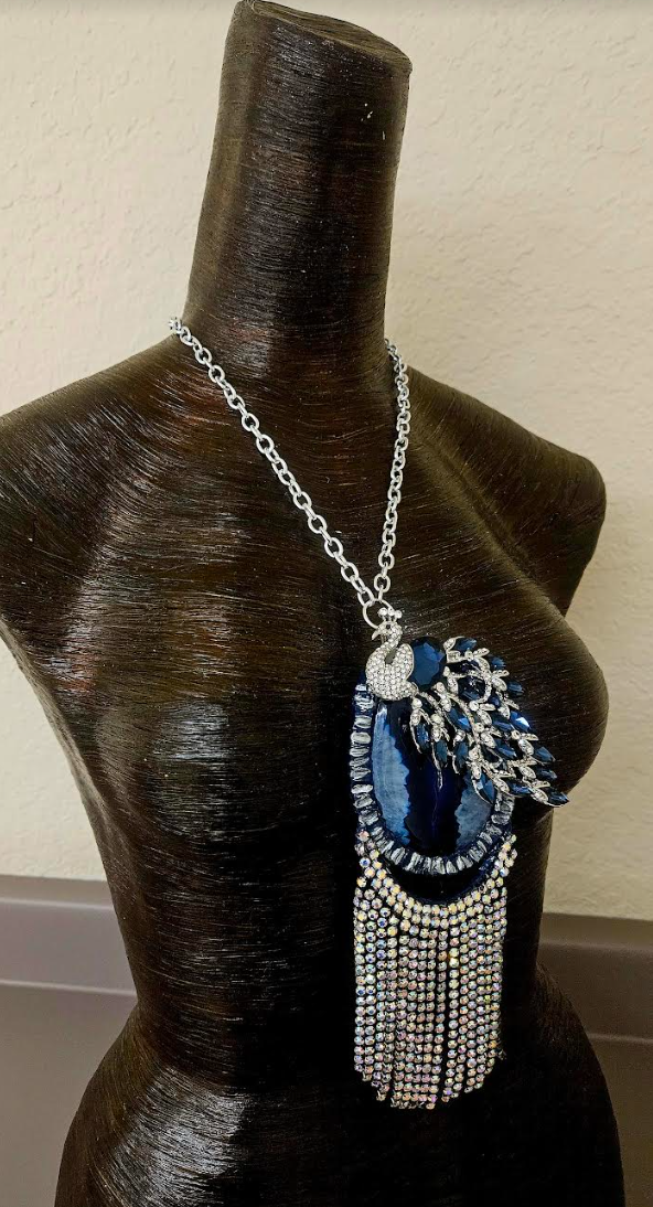 Ornate Rhinestone Peacock & Druzy Agate Statement Gemstone Pendant F