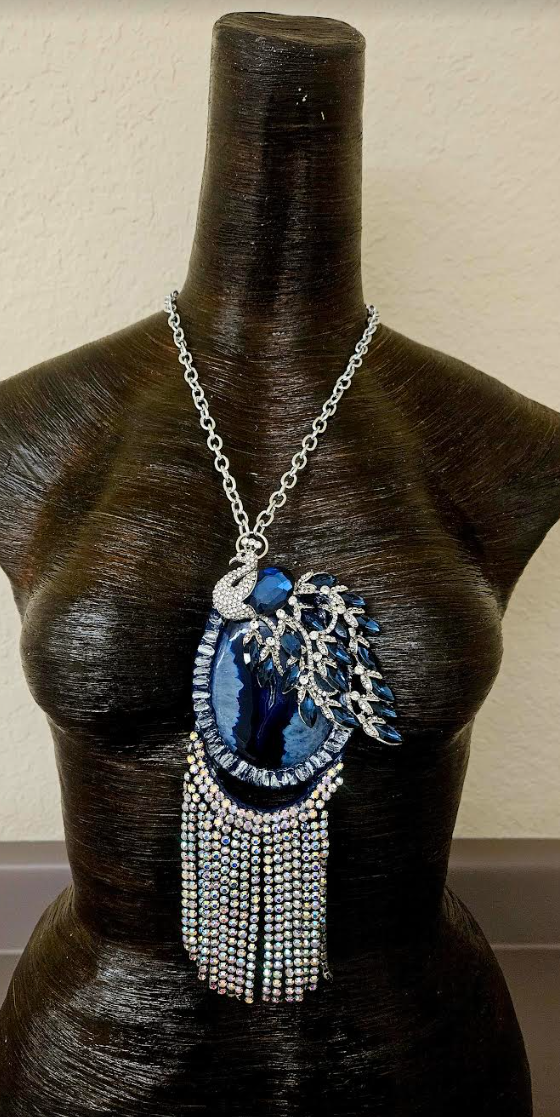 Ornate Rhinestone Peacock & Druzy Agate Statement Gemstone Pendant F