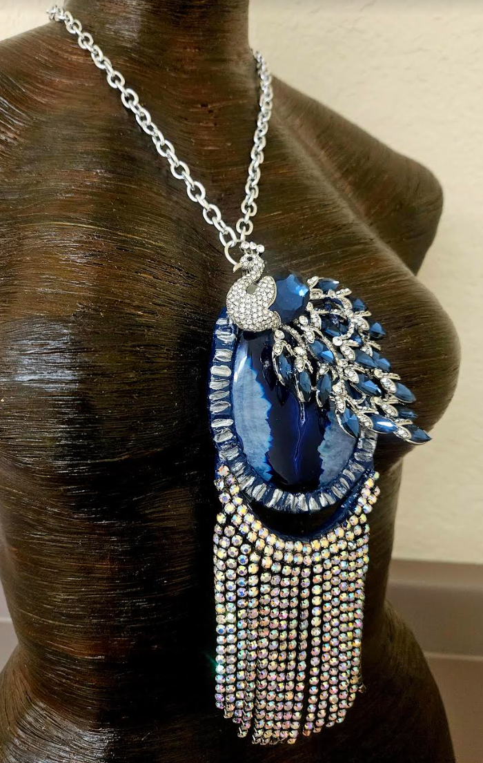 Ornate Rhinestone Peacock & Druzy Agate Statement Gemstone Pendant F