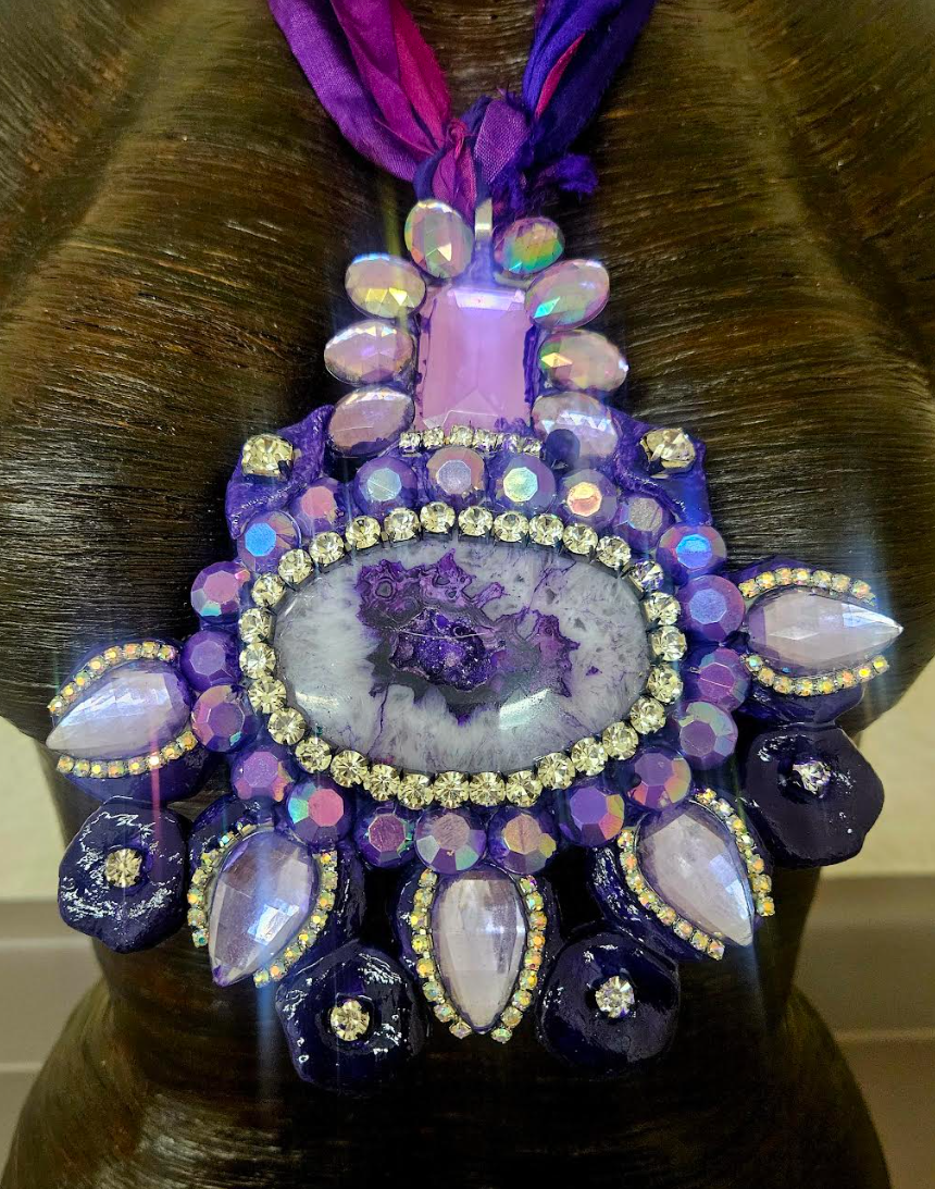 Purple and Silver Crystal Rhinestone Sculpted Art Deco Statement Pe
