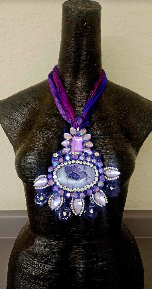 Purple and Silver Crystal Rhinestone Sculpted Art Deco Statement Pe