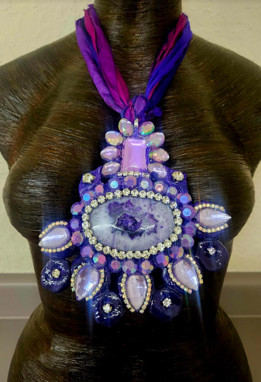 Purple Druzy Agate Crystal Bling Statement Pendant - Art Deco Glamour