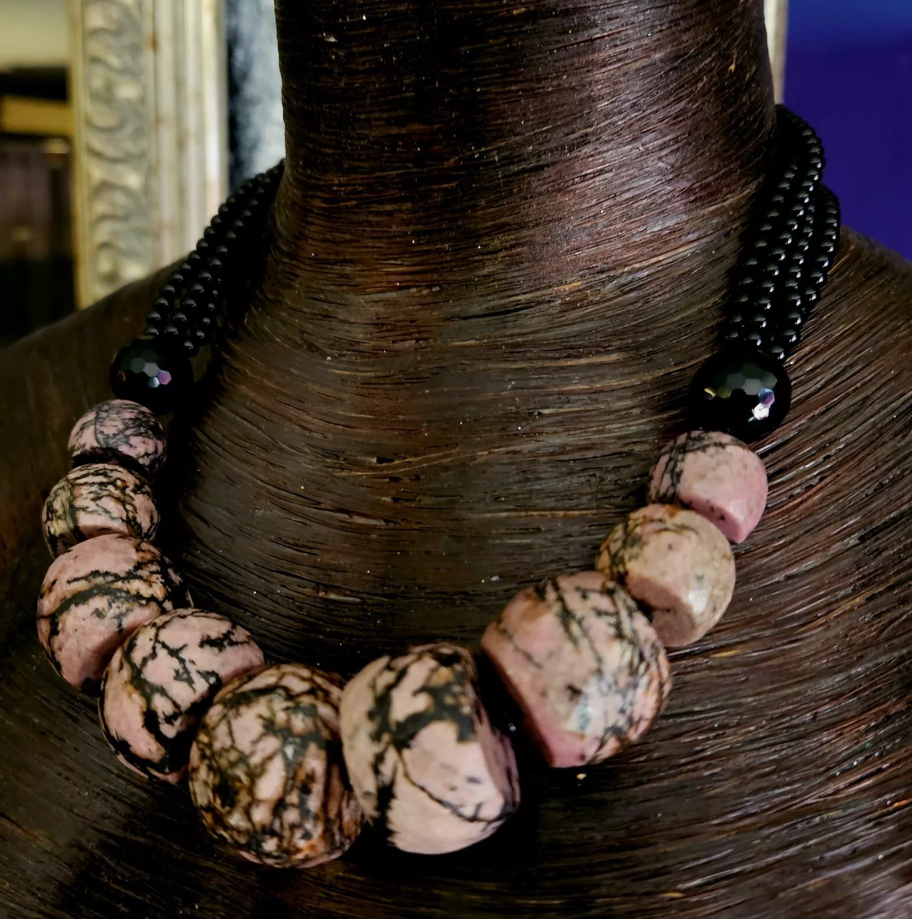 Rhodonite Jasper Rondelle & Black Onyx Beaded Statement Luxury Necklac