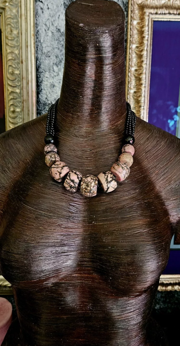 Rhodonite Jasper Rondelle & Black Onyx Beaded Statement Luxury Necklac