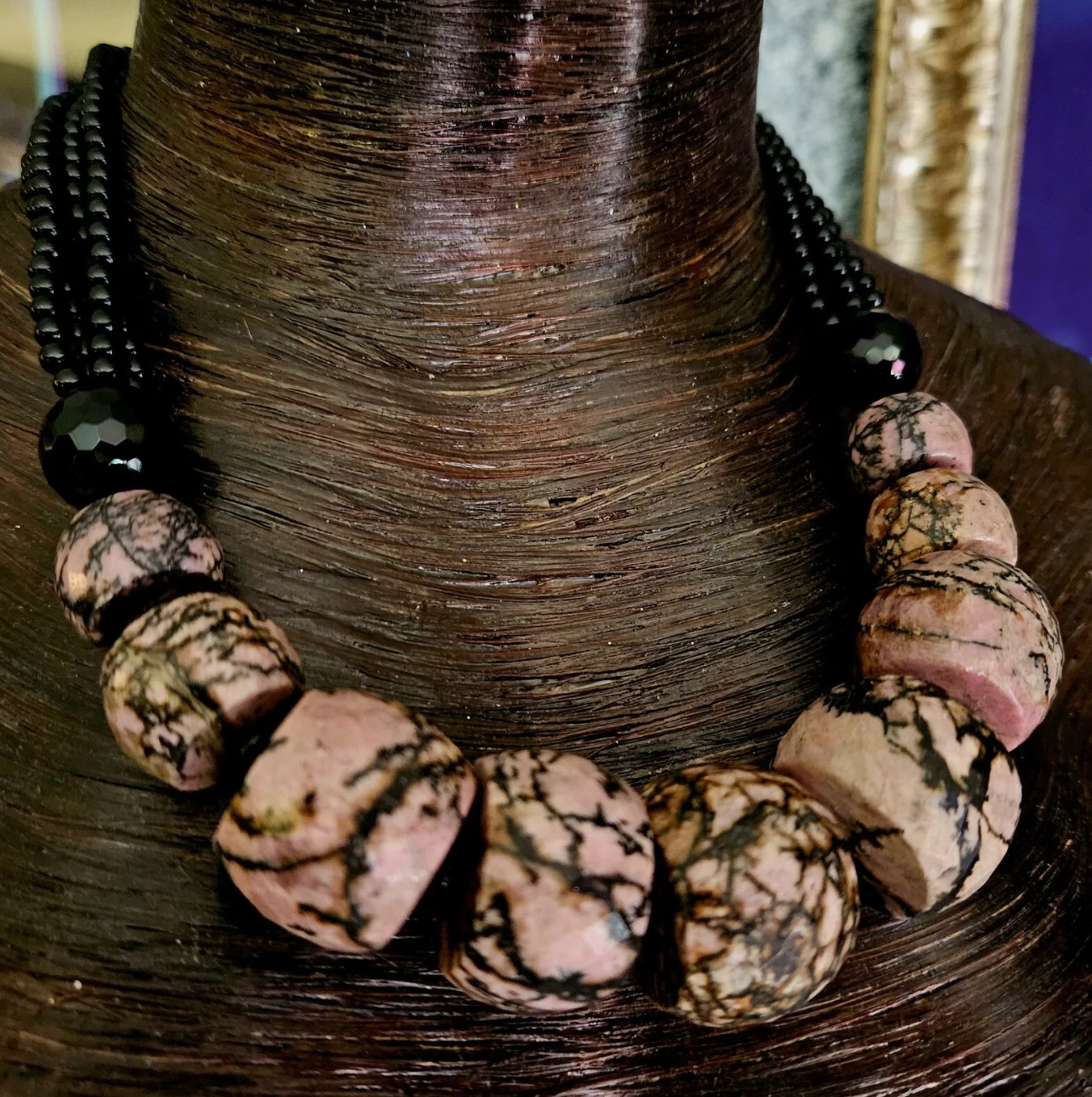 Rhodonite Jasper Rondelle & Black Onyx Beaded Statement Luxury Necklac
